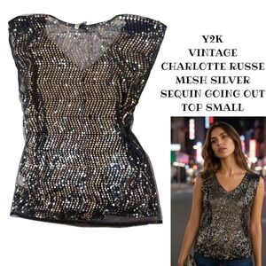 y2k vtg. CHARLOTTE RUSSE BLACK SILVER SEQUIN MESH SHEER GOING OUT TOP SMALL EUC